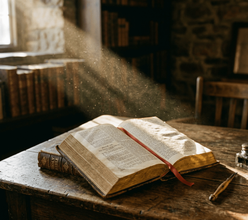 Open vintage Bible on a wooden table with sunlight and floating dust