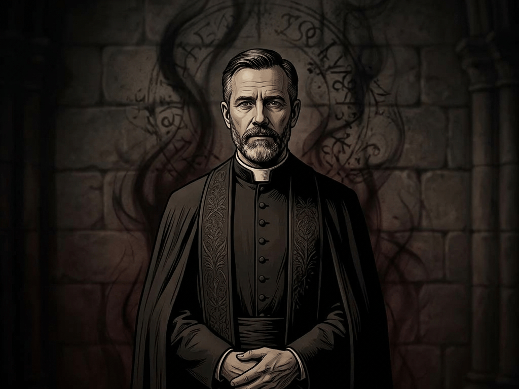 Priest in black clerical robe standing in front of a stone wall with a glowing occult symbol and smoke