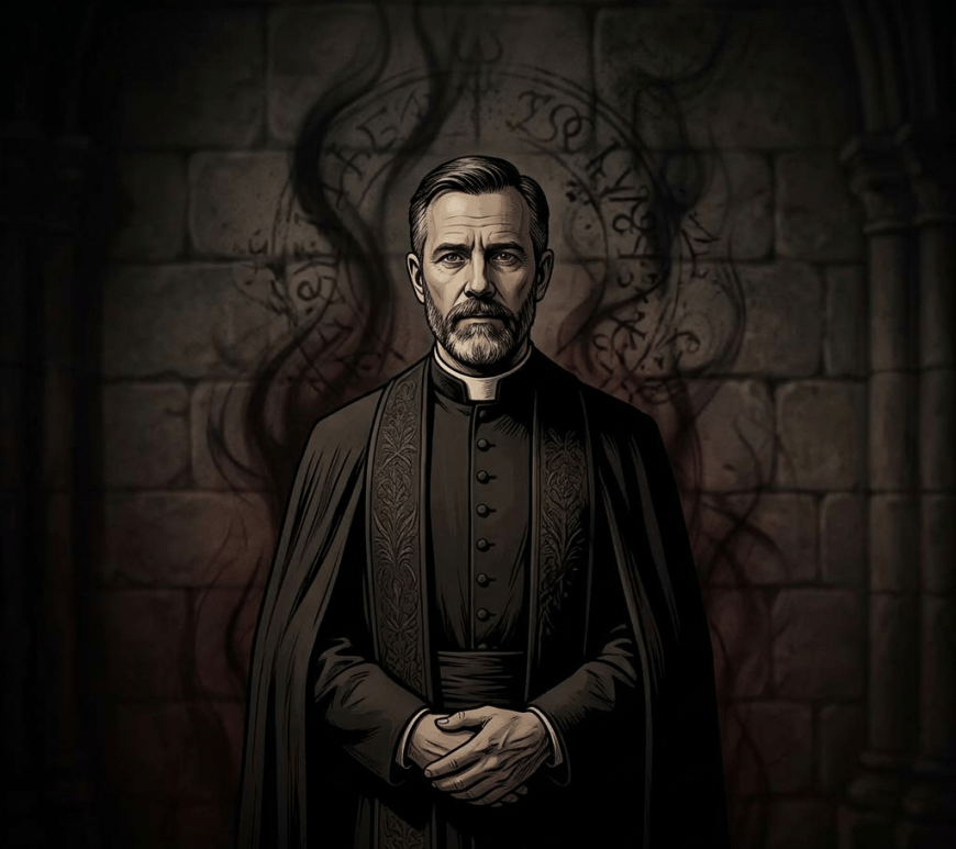 Priest in black clerical robe standing in front of a stone wall with a glowing occult symbol and smoke