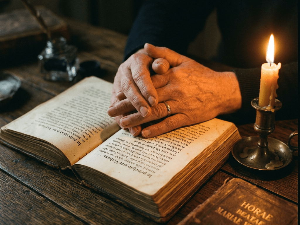 Older hands folded over an open antique book with a lit candle beside them