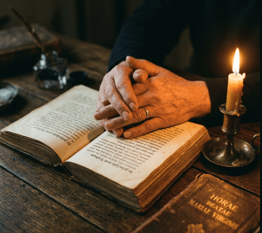 Older hands folded over an open antique book with a lit candle beside them
