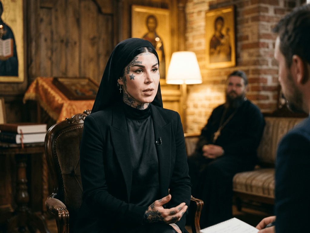 Tattooed woman in black headscarf speaking in a church interview