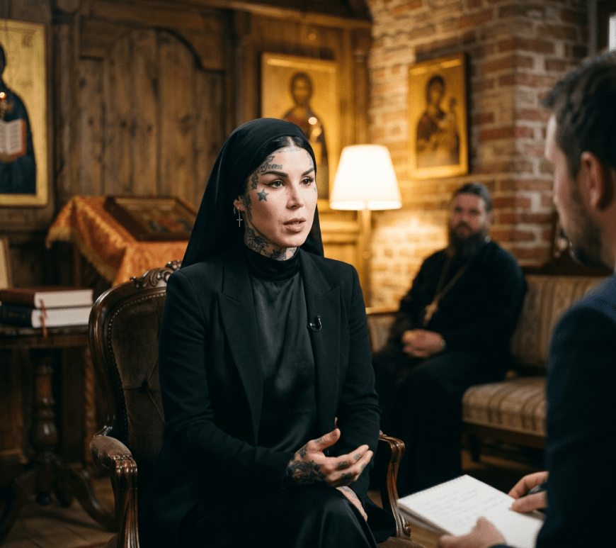 Tattooed woman in black headscarf speaking in a church interview