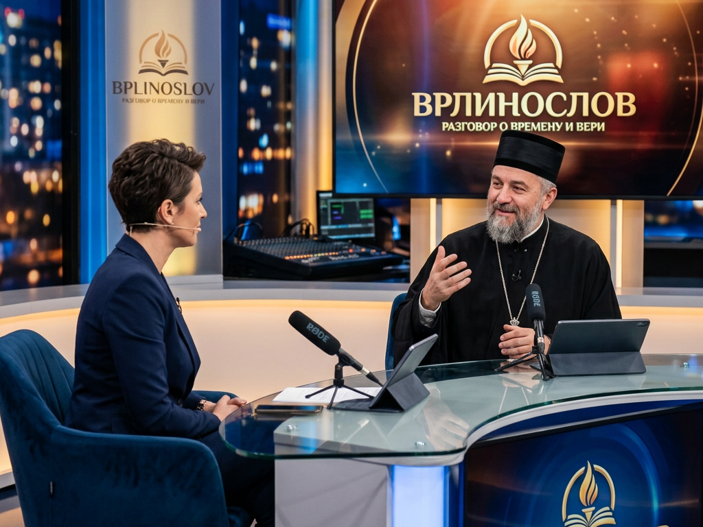 Host and religious leader seated at a modern studio desk having a televised discussion