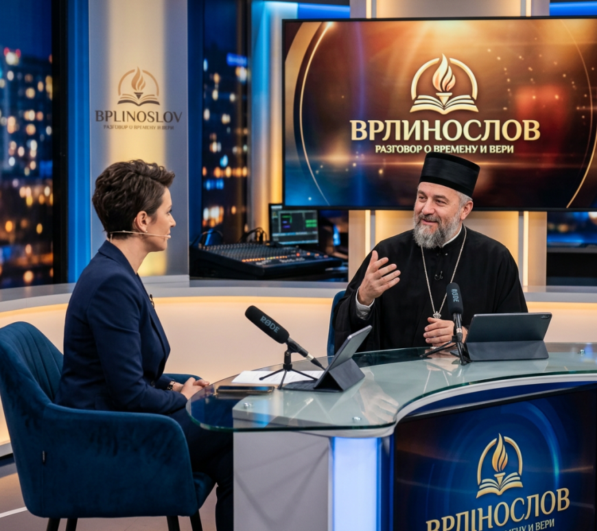 Host and religious leader seated at a modern studio desk having a televised discussion