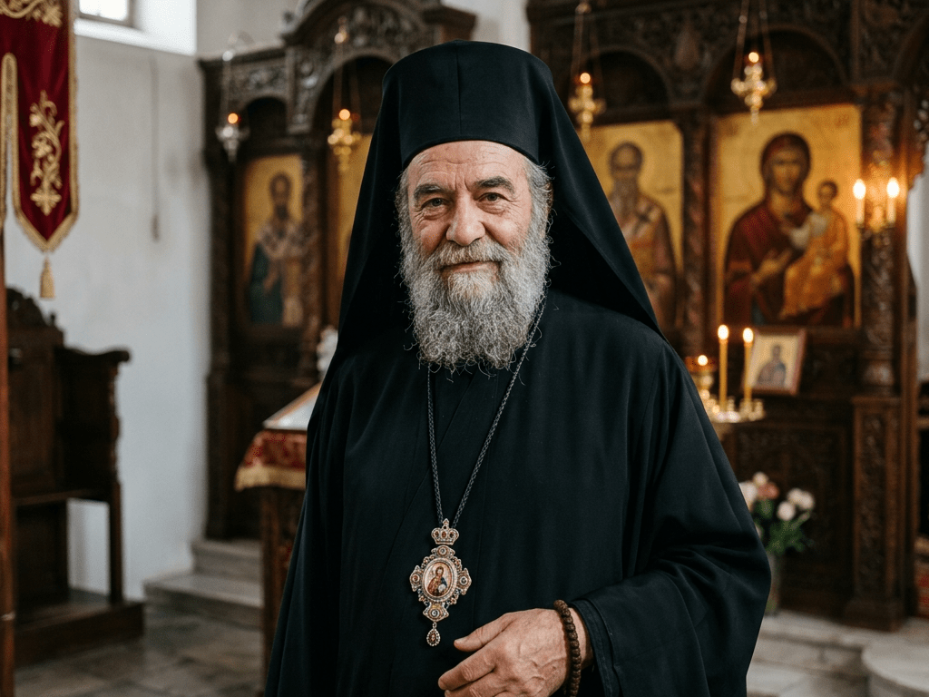 Orthodox priest wearing black robes and pendant inside church with icons and candles