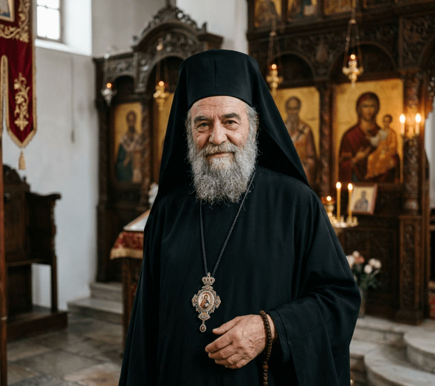 Orthodox priest wearing black robes and pendant inside church with icons and candles