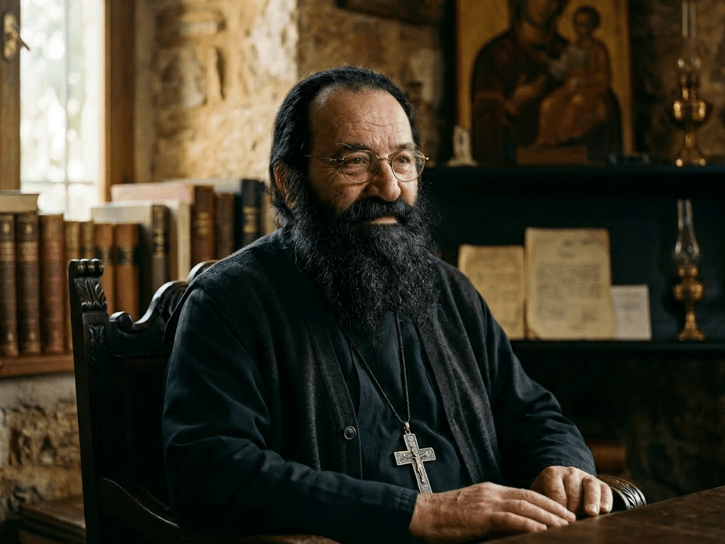 Elderly priest with glasses and long beard sitting at a wooden table in a study with religious books and icons
