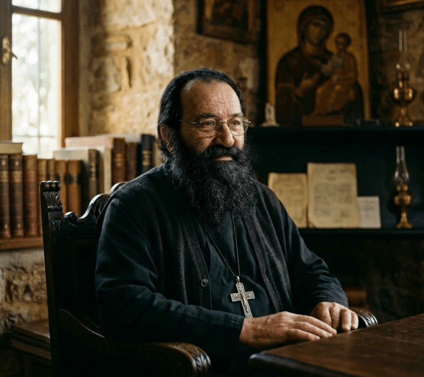 Elderly priest with glasses and long beard sitting at a wooden table in a study with religious books and icons