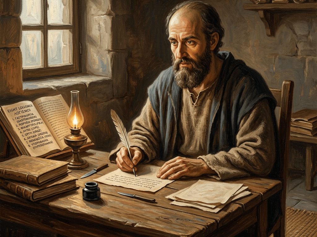 Bearded man writing with quill by candlelight at wooden desk surrounded by parchment and books