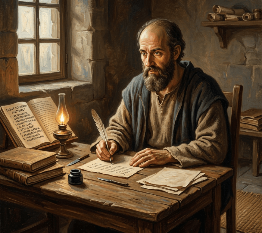 Bearded man writing with quill by candlelight at wooden desk surrounded by parchment and books