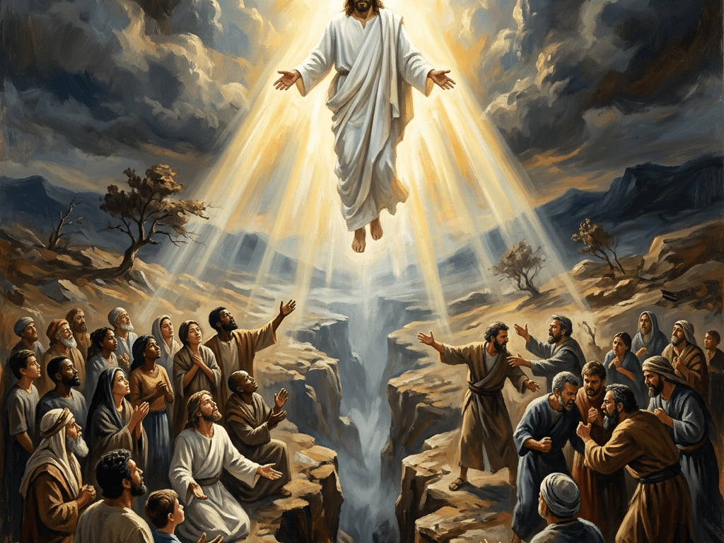 Jesus ascending in white robes surrounded by disciples on rocky terrain with rays of light