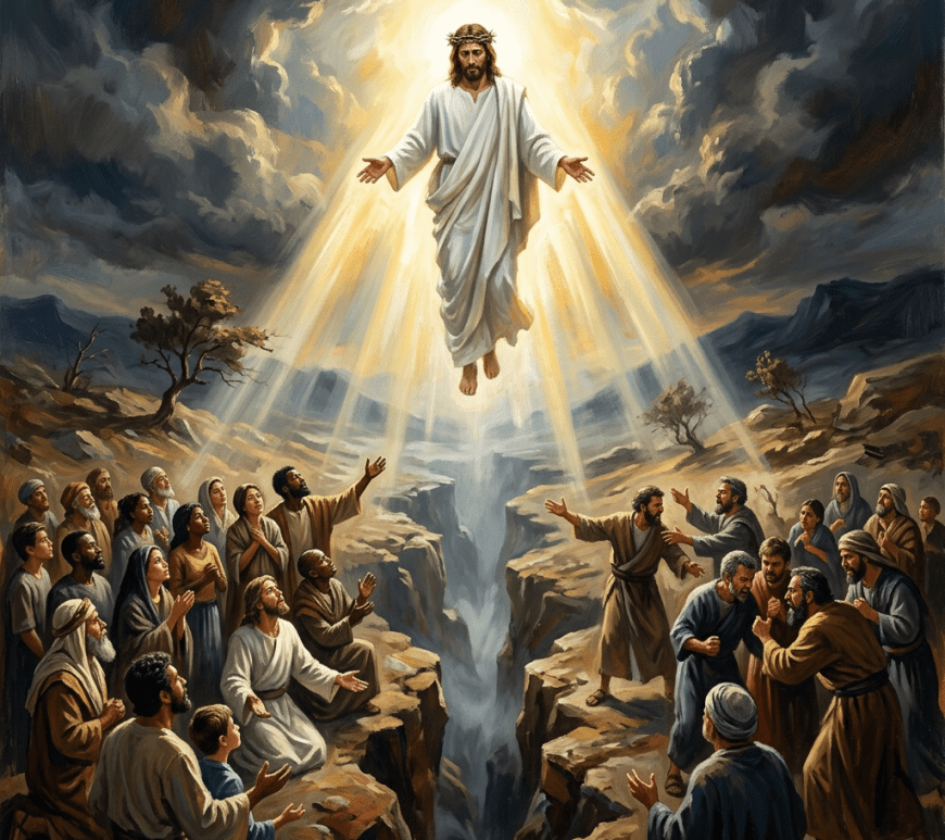 Jesus ascending in white robes surrounded by disciples on rocky terrain with rays of light