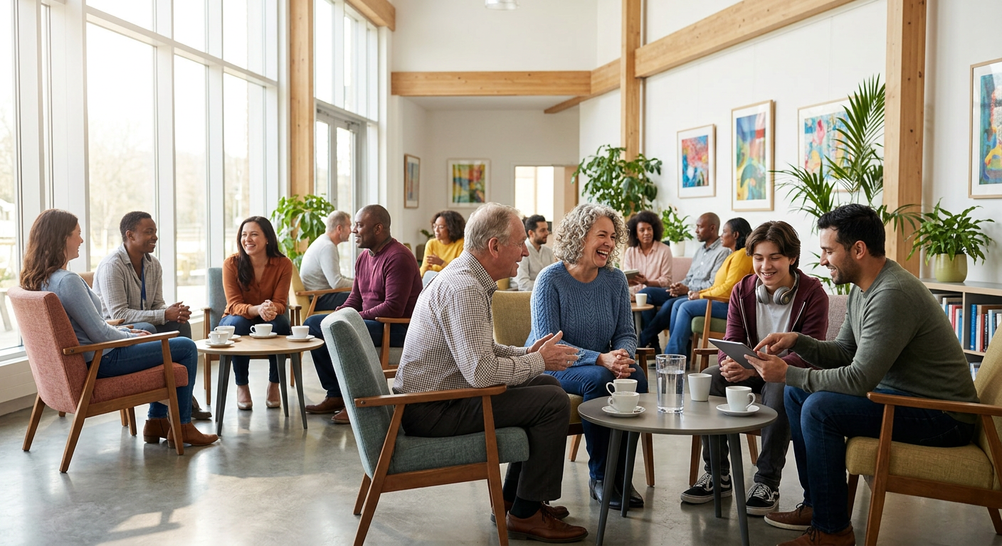 Groups of diverse people sitting in chairs and talking in a spacious, sunlit room