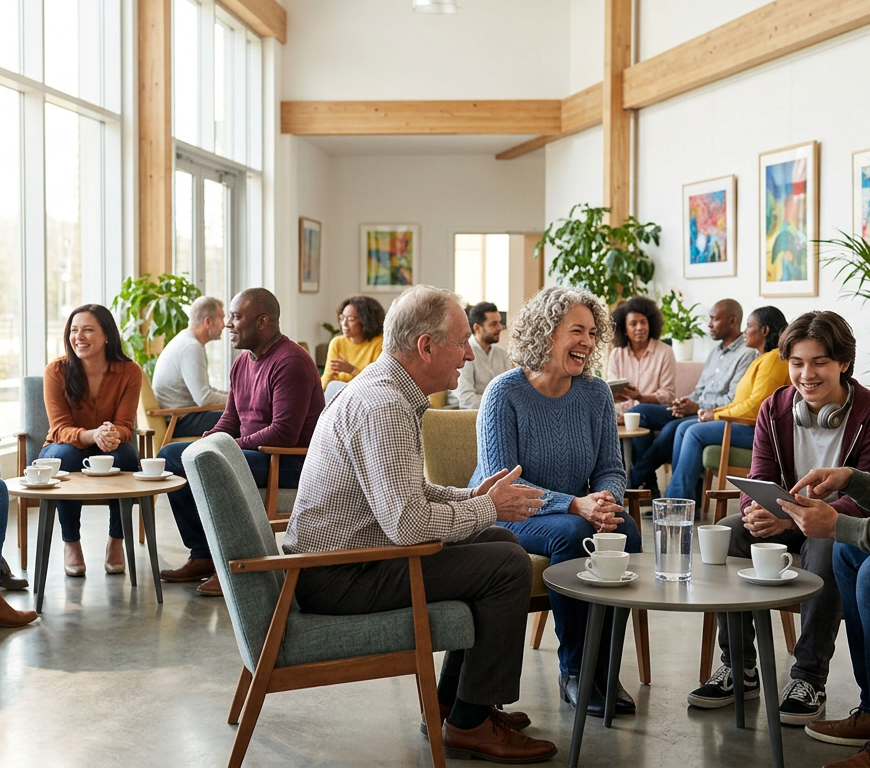 Groups of diverse people sitting in chairs and talking in a spacious, sunlit room